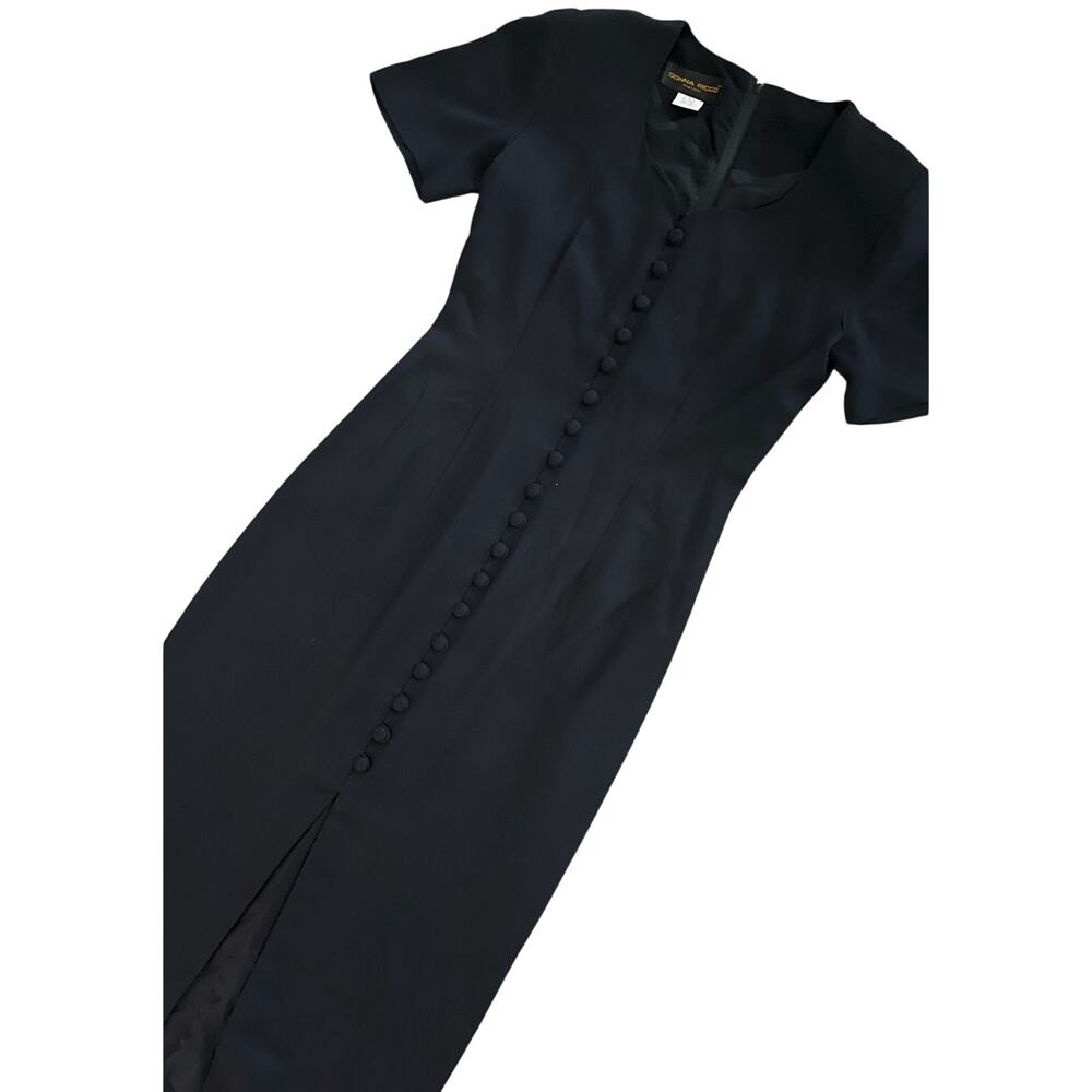 Vintage 90s Donna Ricco Black Short Sleeve Midi Dress Button Front Sheath Size 6